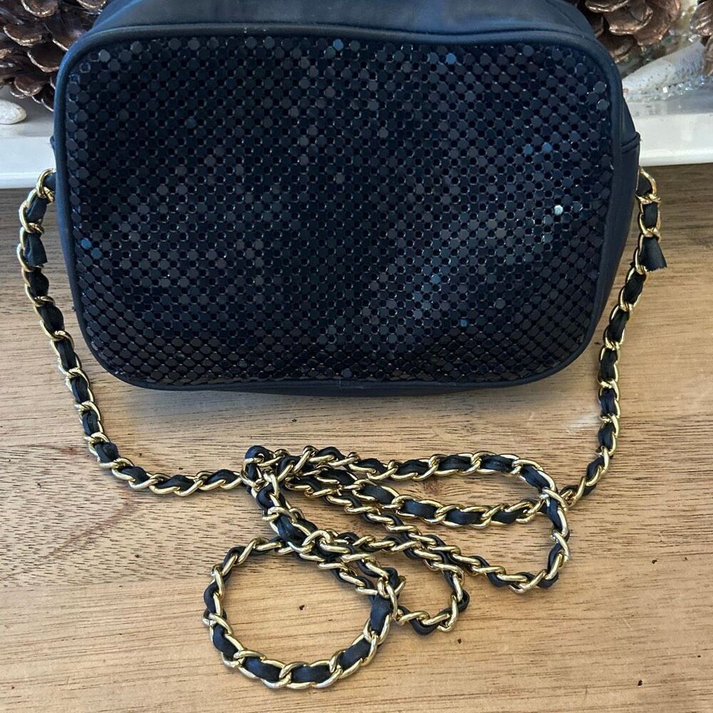 Whiting & Davis navy blue mesh gold chain strap evening bag handbag 